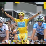 Contador crosses the line in Stage 20 of the 2010 Tour de France