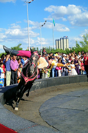 Zhigitovka, a rider rides lying across his horse